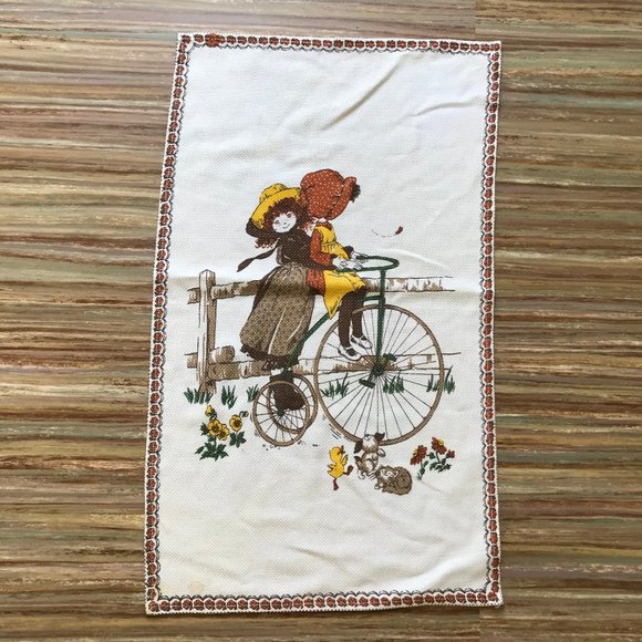 Holly Hobbie Style 70s Kitchen Tea Towel Prairie Bonnet Girl with Tricycle Bike - Picture 1 of 5
